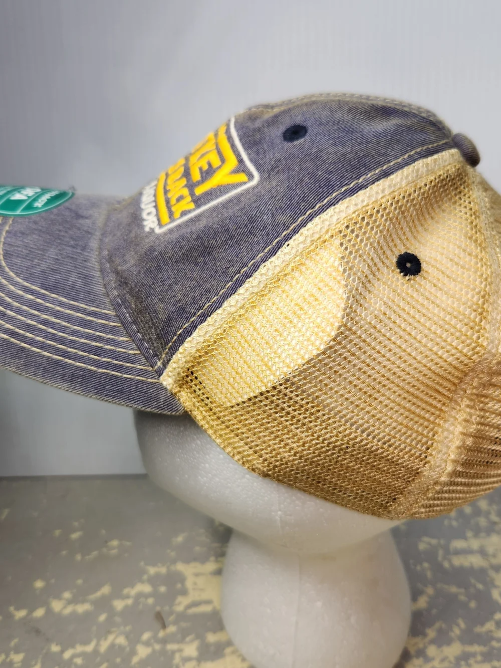 The Whiskey Strikes Back Embroidered Trucker Hat - Navy & Tan Distrested